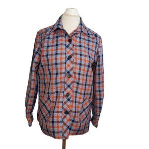 Vintage 70s Womens Sz M Plaid Button Up Jacket Blue Orange Unlined Pockets Retro